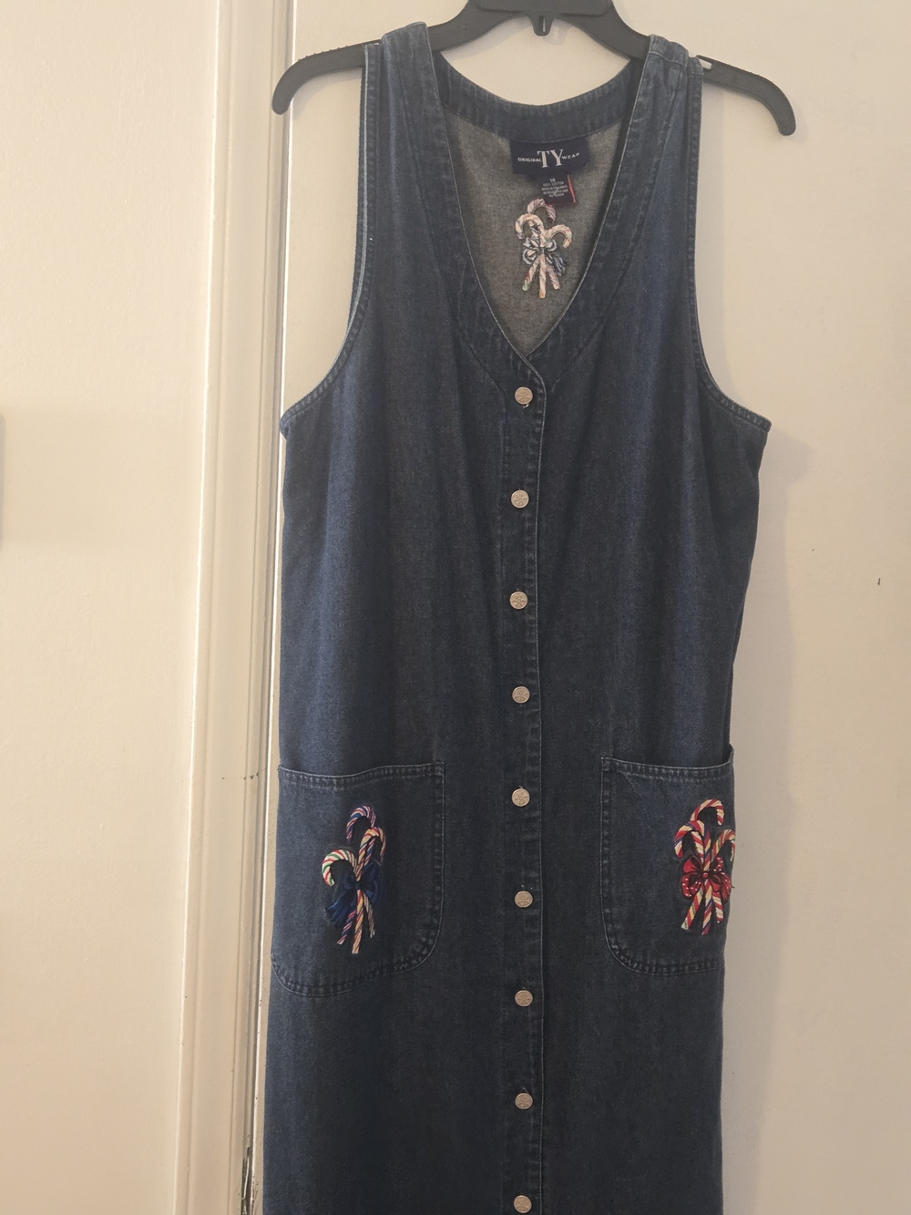 Ty Dark Denim Maxi Dress with Candy Cane Embroidery